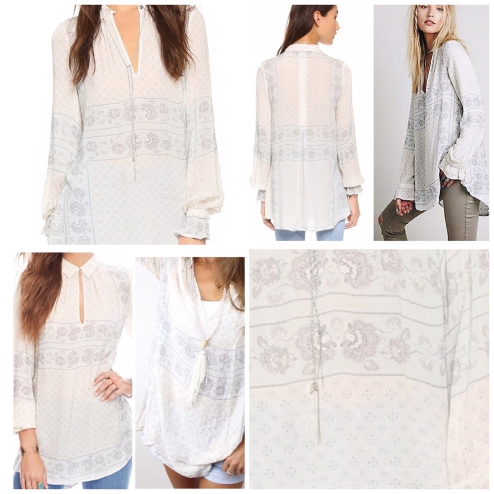 Free People Sheer Ivory Paisley Print Long Sleeve Tunic